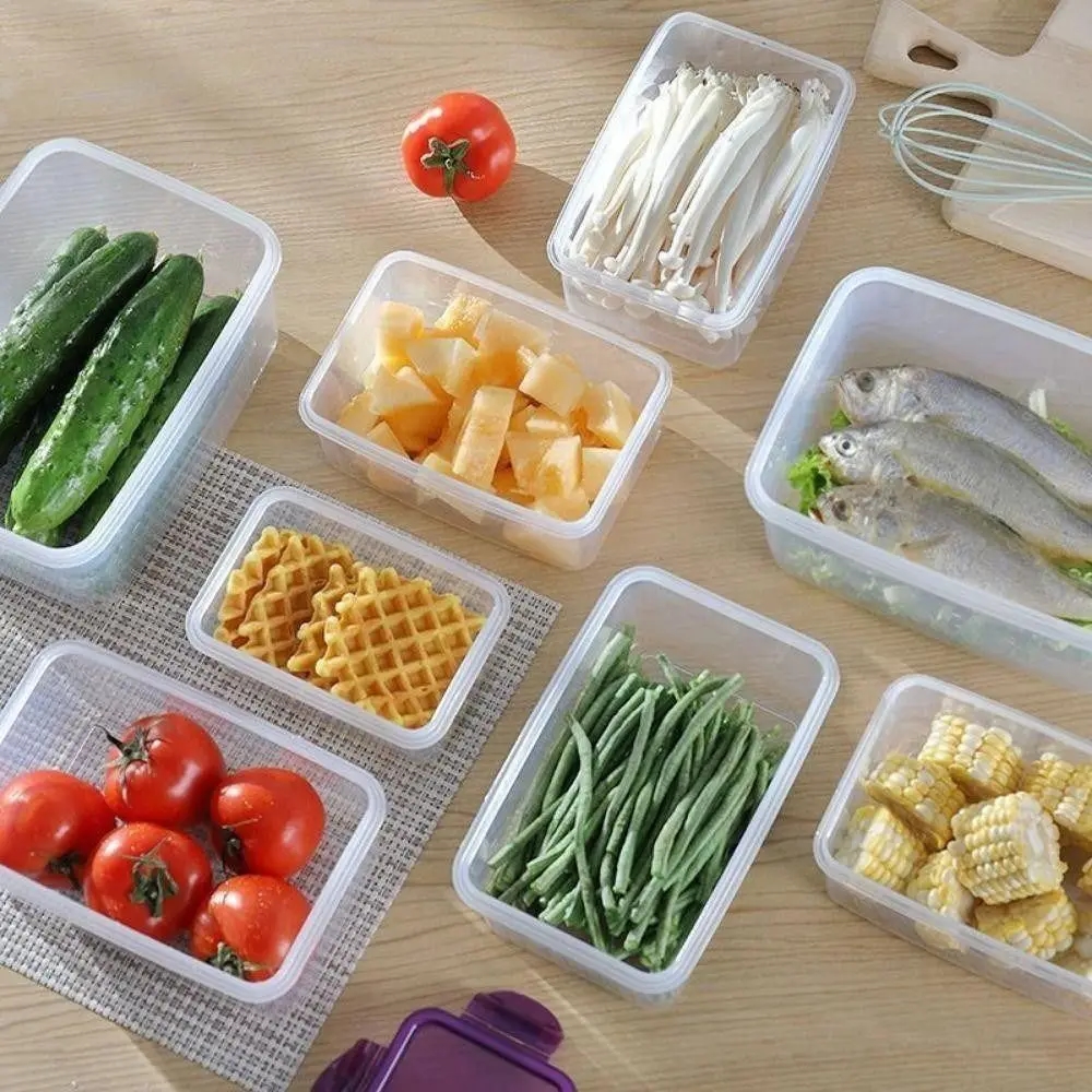 Set of plastic containers of different volumes for efficient storage of products in the refrigerator