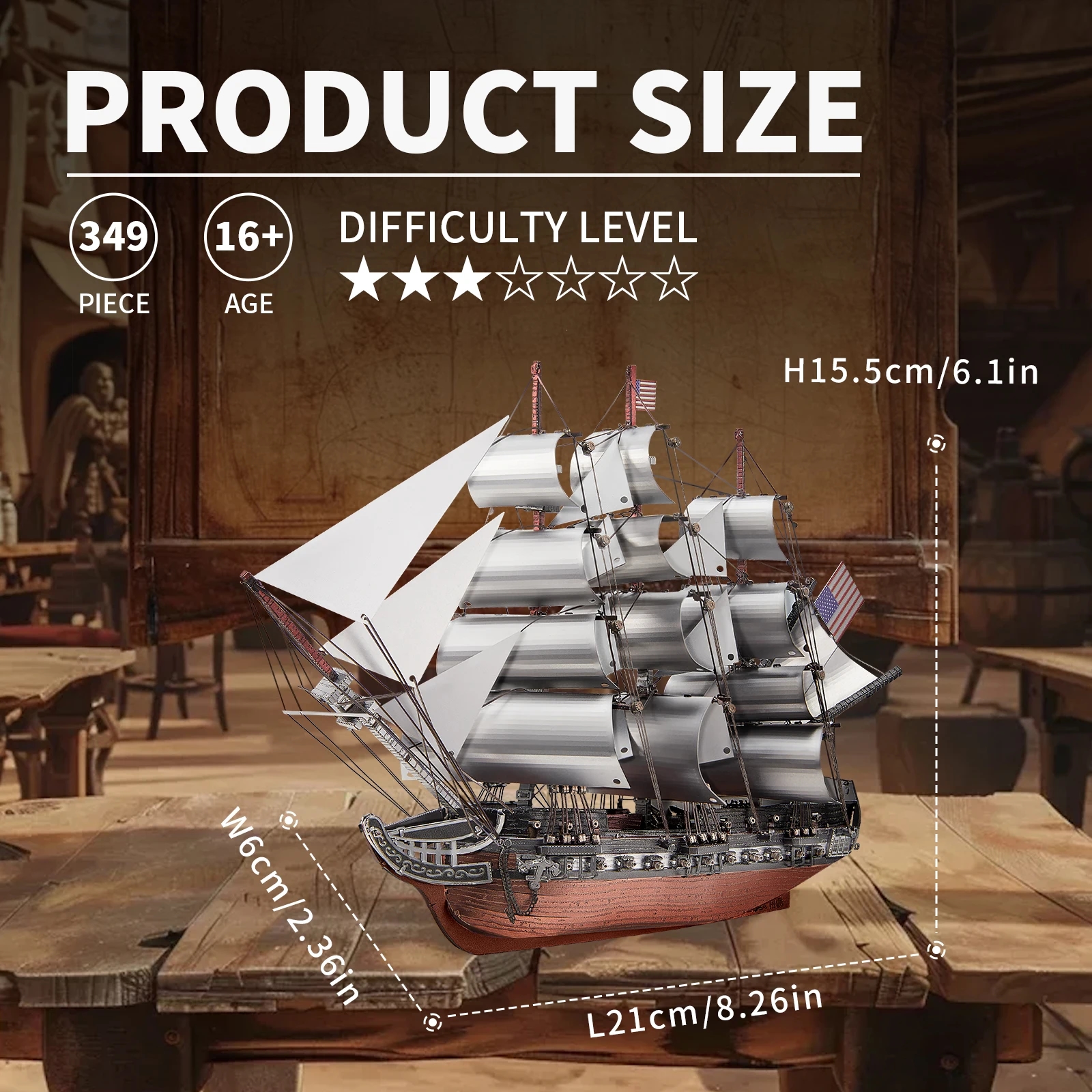 Assembled metal model of a sailing frigate on a wooden stand