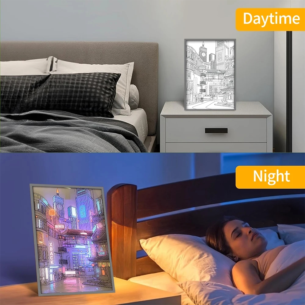 Desk lamp with an image of a city landscape in anime style
