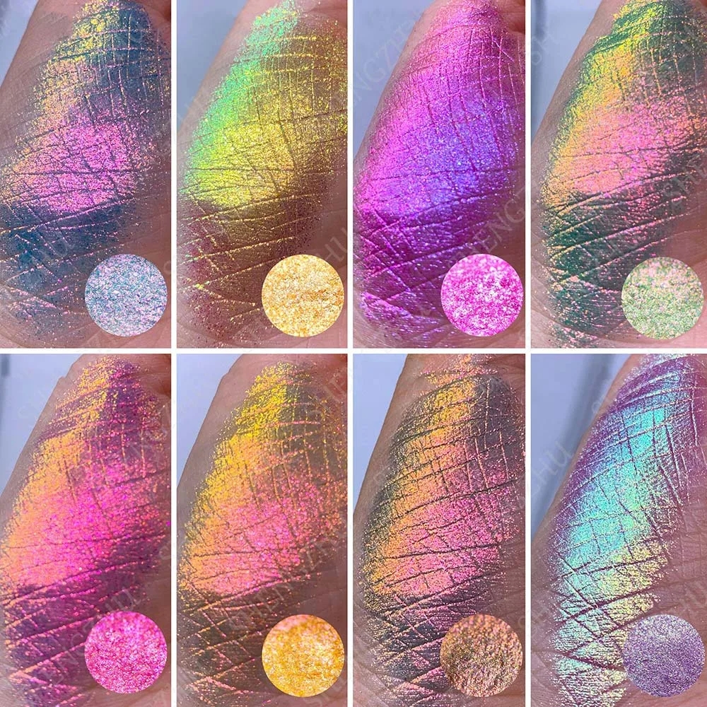 Close-up of the iridescent colors of the chameleon powder