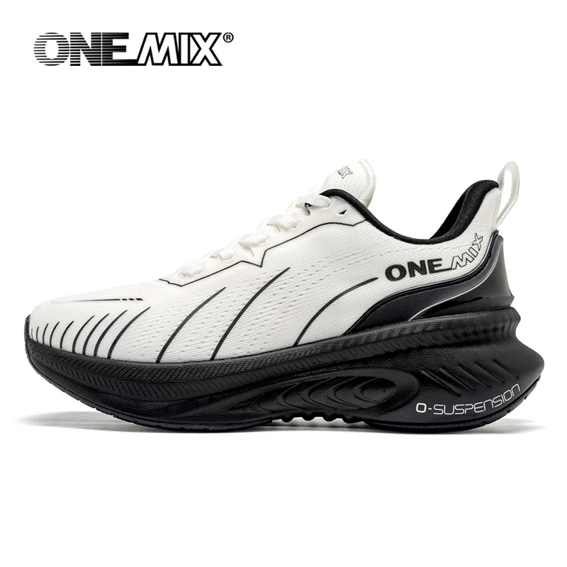 Vue de côté des chaussures ONEMIX noir et blanc avec des inserts colorés