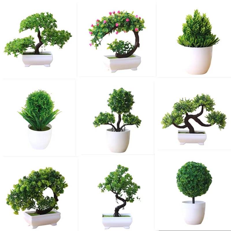 Artificial bonsai with dense green foliage and brown trunk, suitable for table or shelf decoration