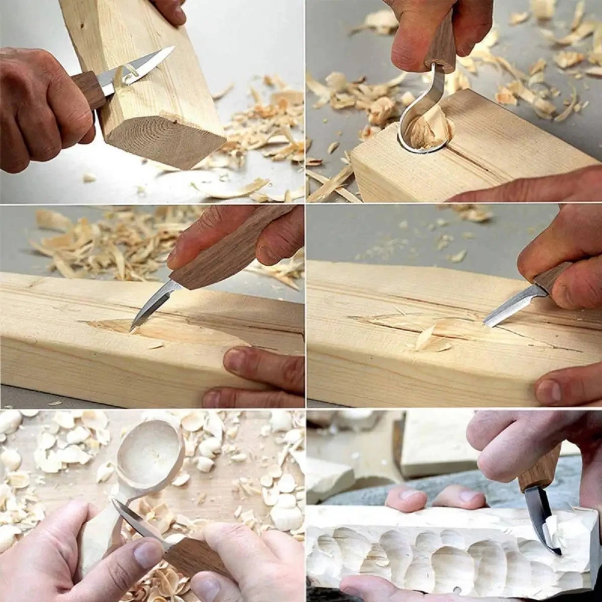 Nahaufnahme einer der scharfen Stahlklingen mit Holzgriff