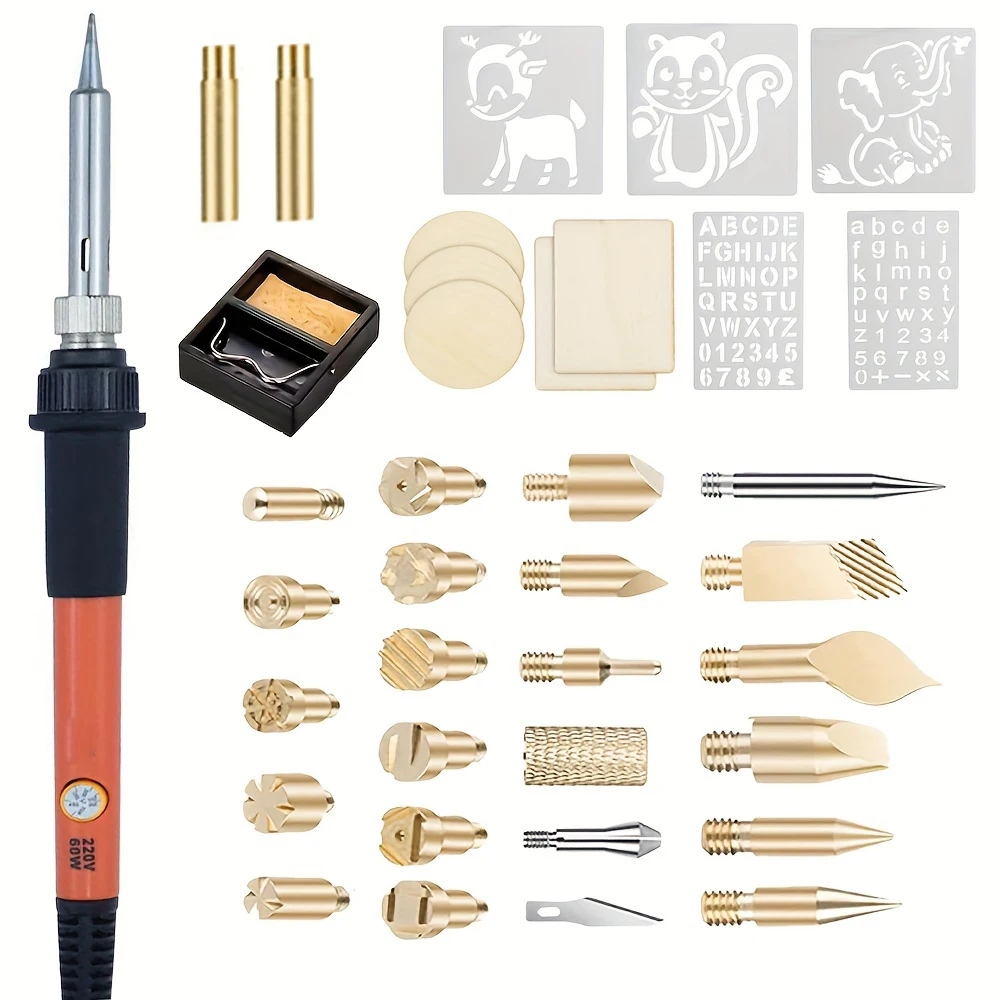 Pyrography set with various tips and soldering iron