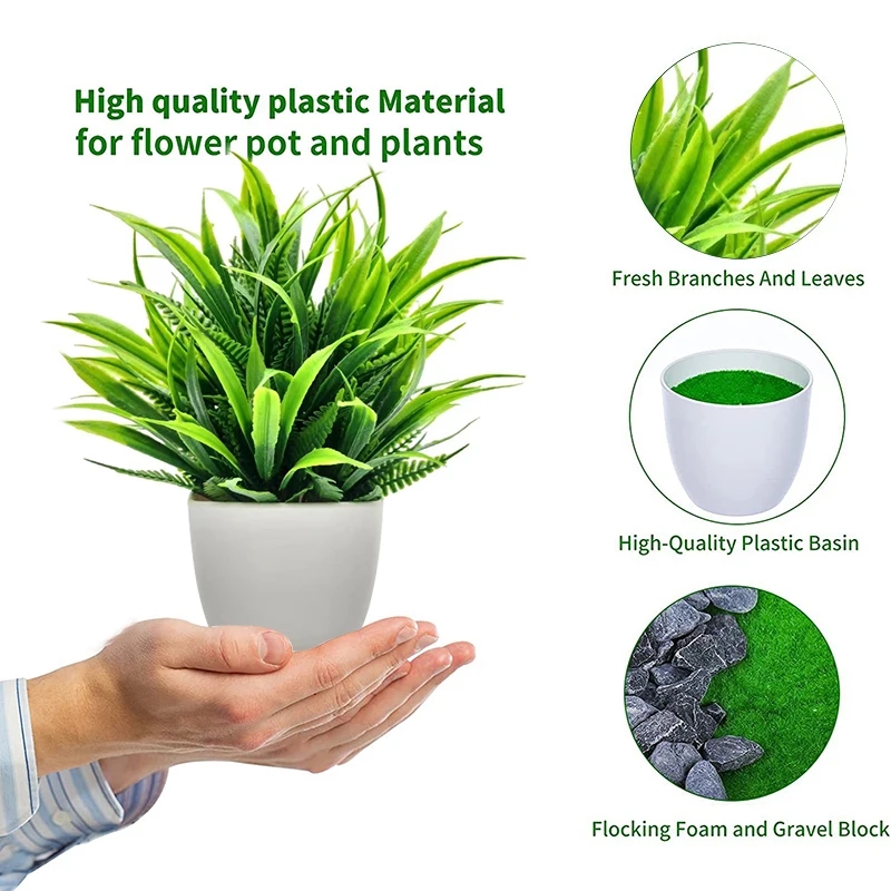 Diferentes opções de cores de plantas artificiais miniatura em vasos de plástico