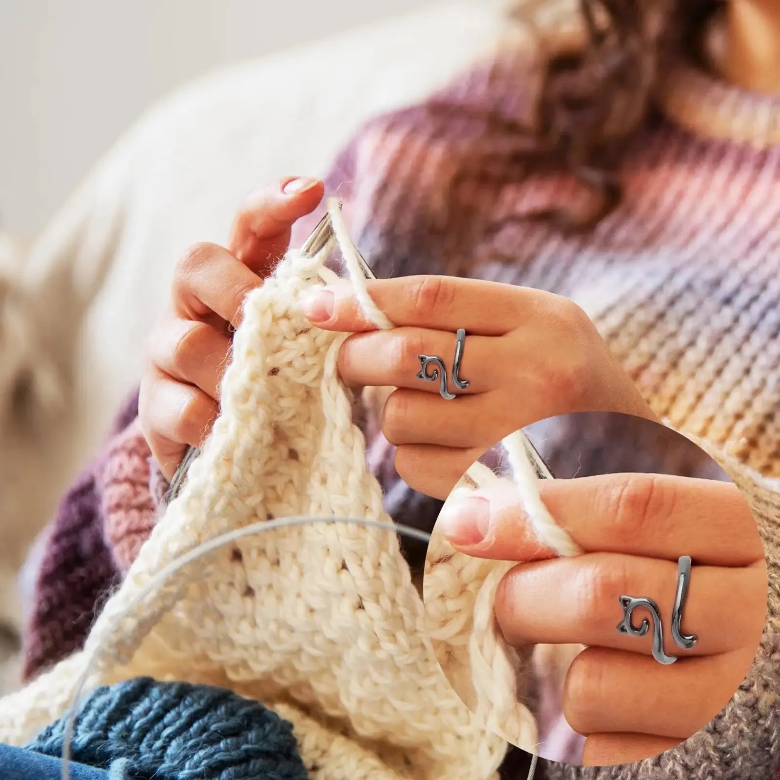 Close-up view of an adjustable crochet ring hook
