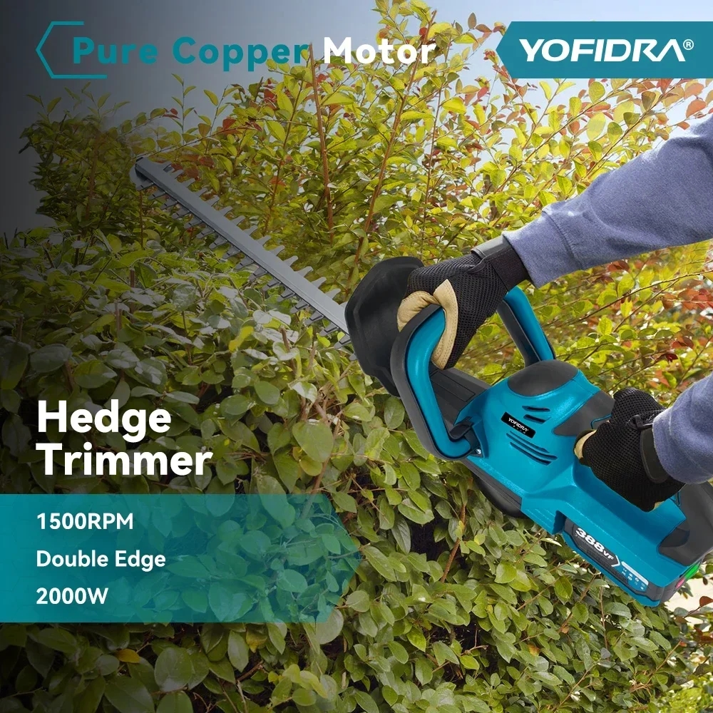 Detailed view of the cutting blade of the Yofidra electric hedge trimmer