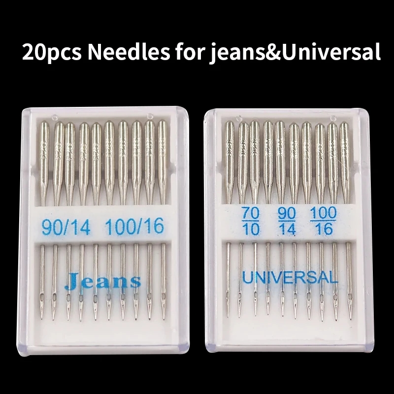 Compact set of 20 universal needles for sewing machines made of stainless steel, ideal for heavy fabrics