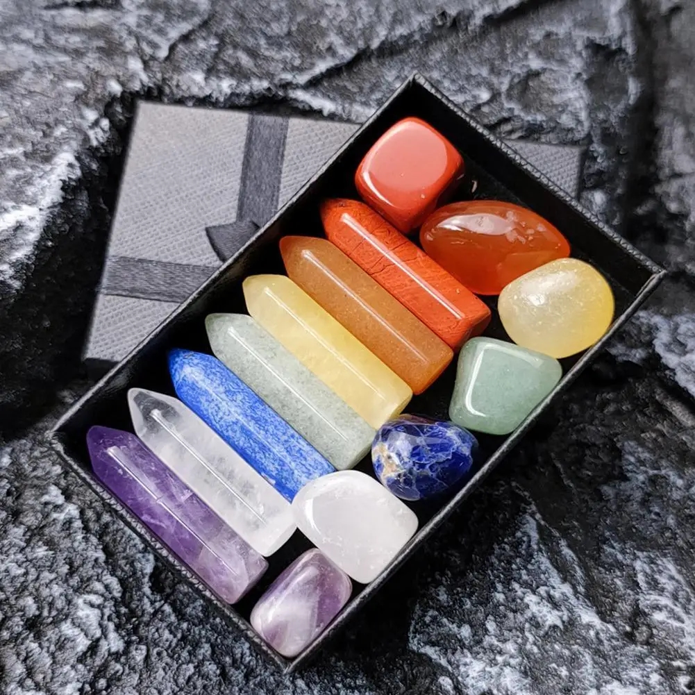 Bright multicolored crystal minerals in a gift box