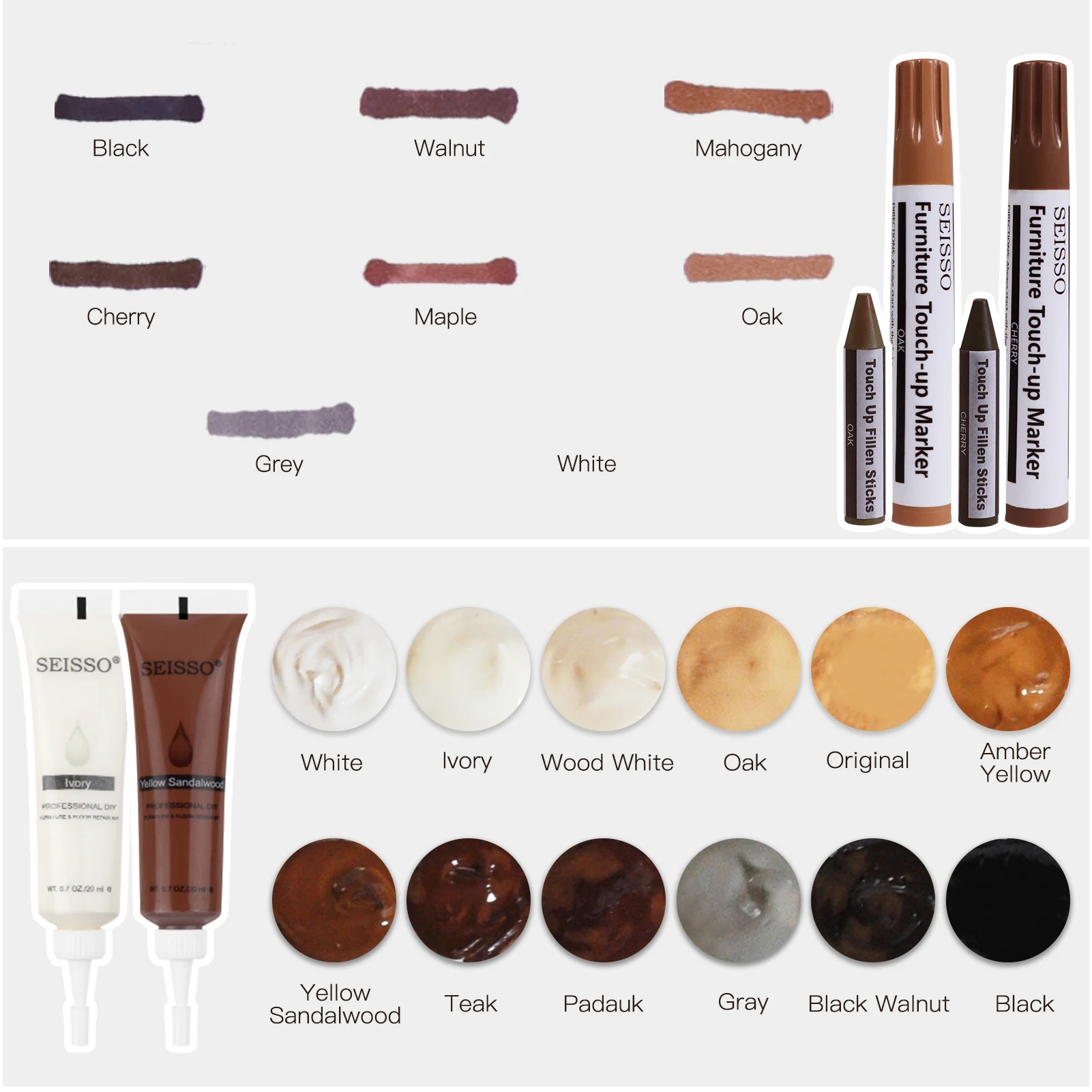 Assortiment de peintures, apprêts et pâtes pour la restauration de surfaces en bois endommagées