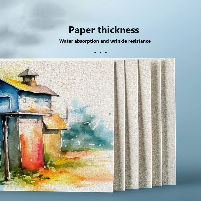 Three different sizes of watercolor paper sheets laid out on a surface