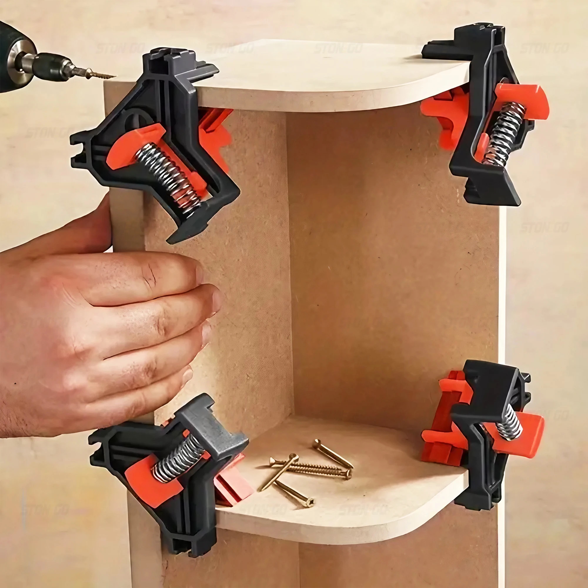 Close-up of a plastic corner clamp with a movable triangular element