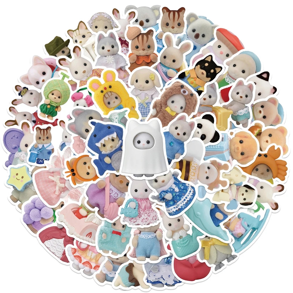 De nombreux autocollants colorés avec des images d'animaux amusants de l'anime Calico Critters