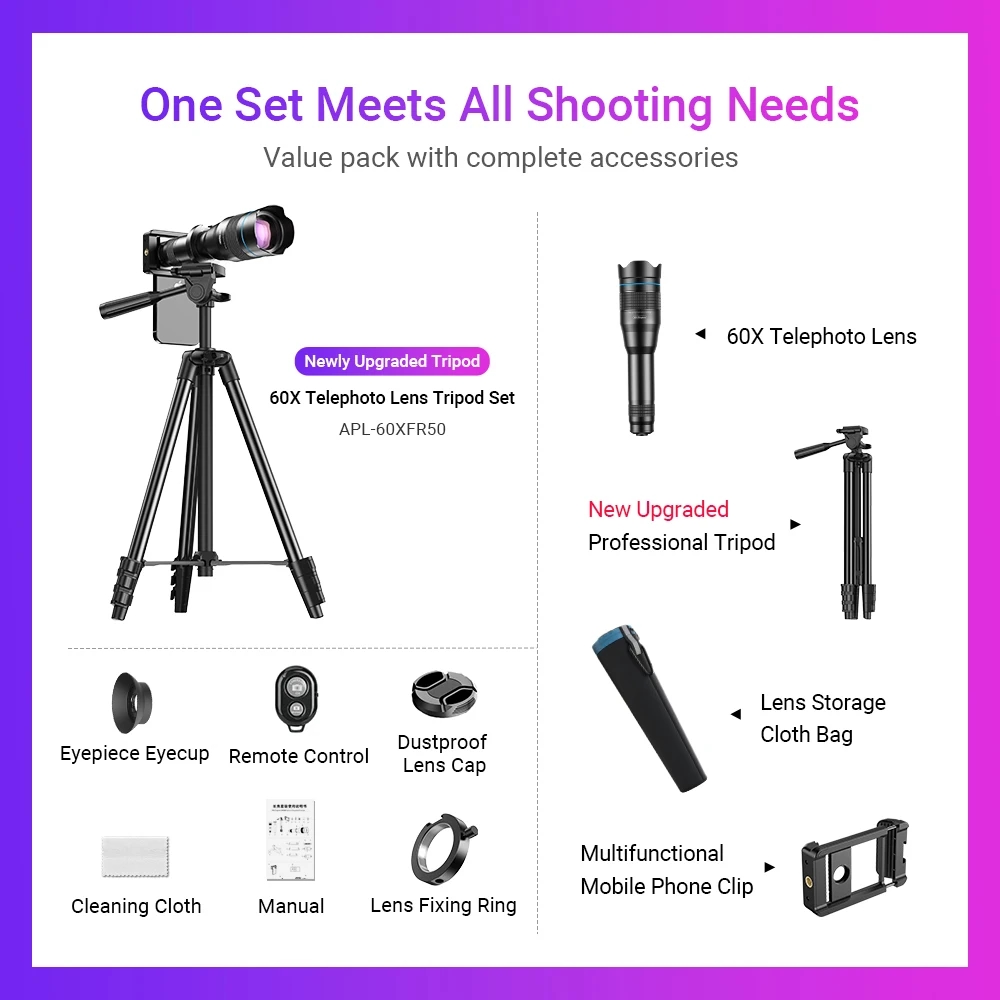 APEXEL 60X telescopic lens attached to an iPhone for astronomical shooting