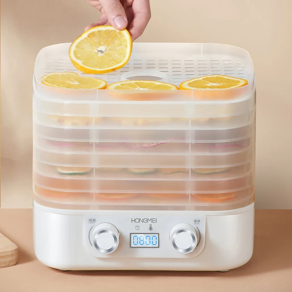 Dryer in action with dried fruits and vegetables on the top layer