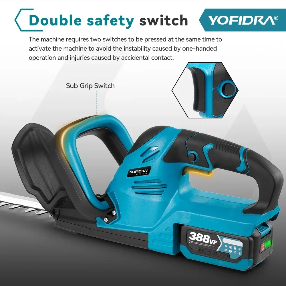 Yofidra electric hedge trimmer with a Makita 18V battery installed