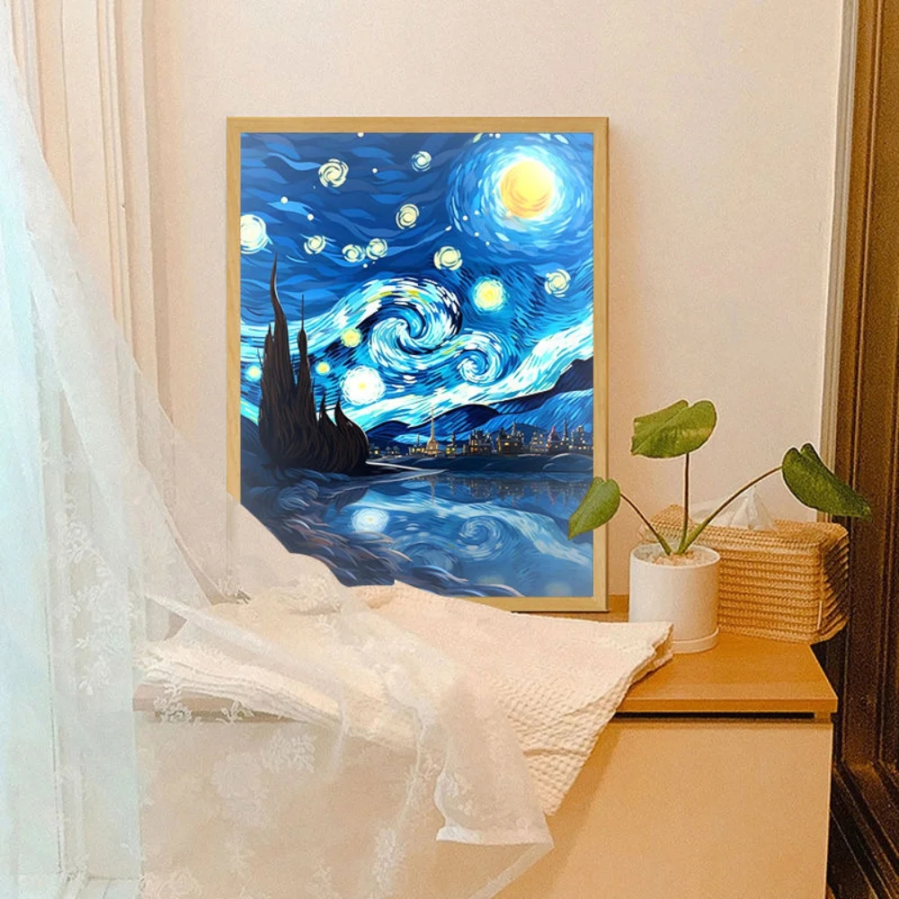 Decorative Van Gogh lamp mounted on a wooden shelf on the wall