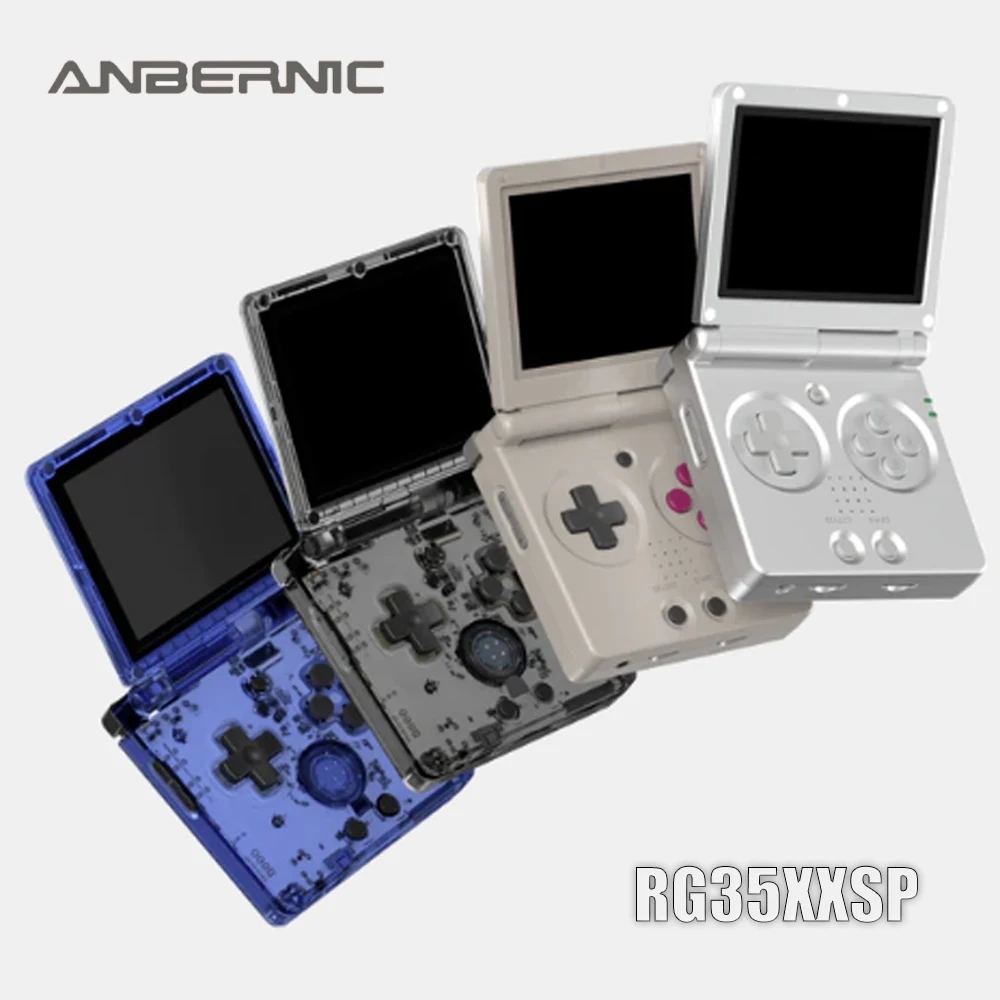 Portable retro gaming console ANBERNIC RG35XXSP in a green case