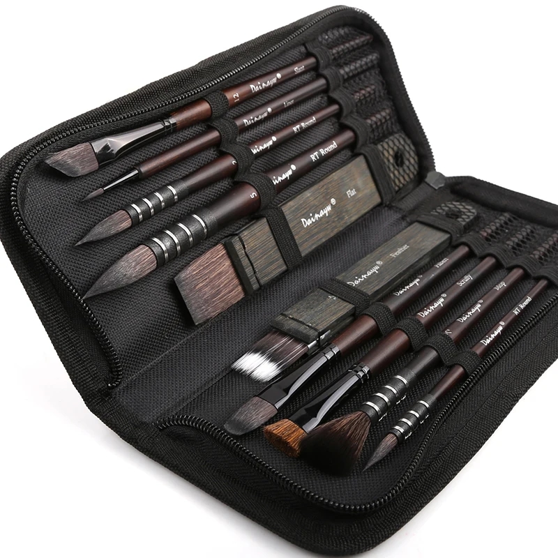 Watercolor brush set in a case with various shapes and sizes