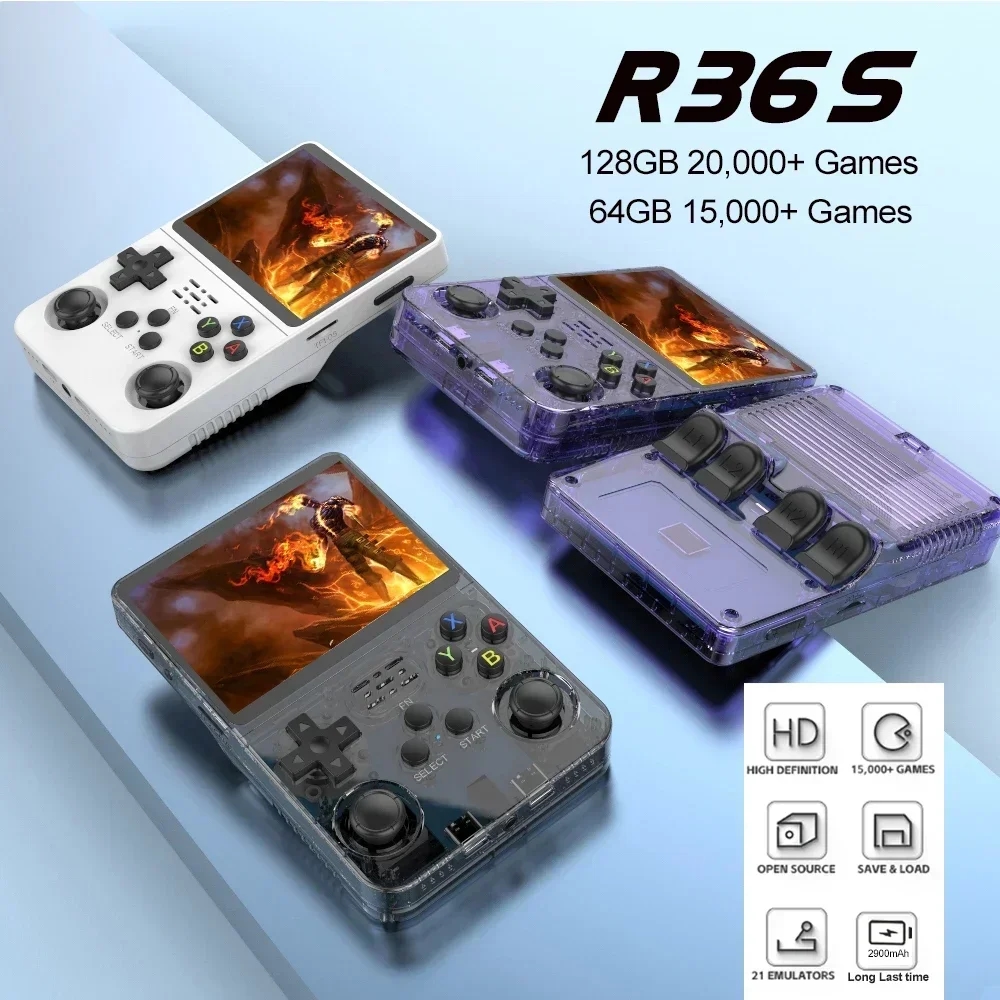 Tragbare Retro-Konsole R36S in verschiedenen farbenfrohen Varianten