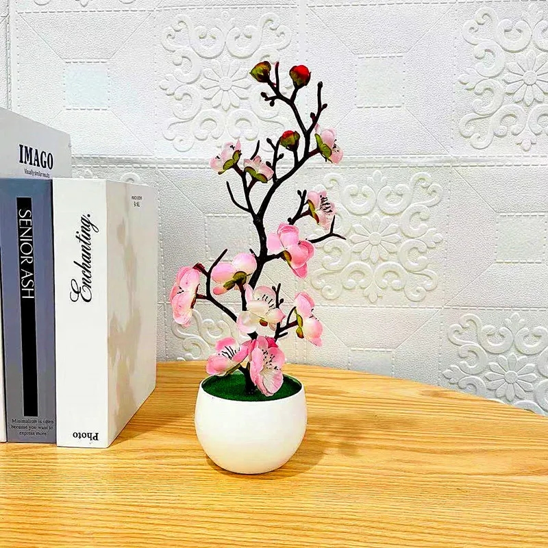 Charming miniature artificial bonsai plant with pink blossoms