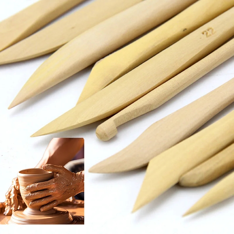 Set of wooden tools for creating sculptures and figures from clay, plasticine, and other materials