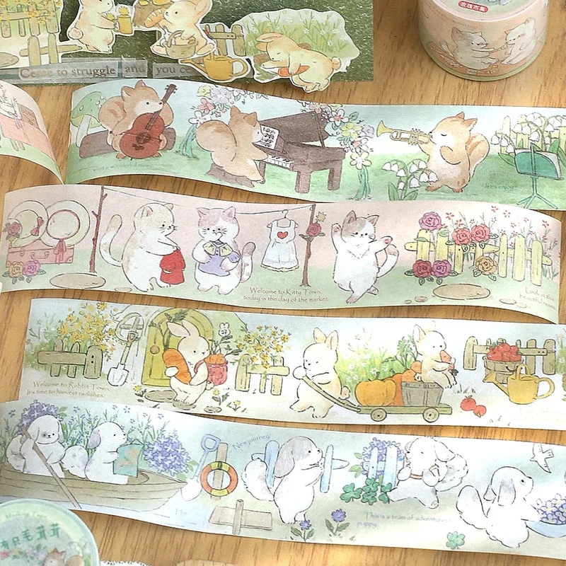Photograph of a roll of bright decorative washi tape with cute animal prints