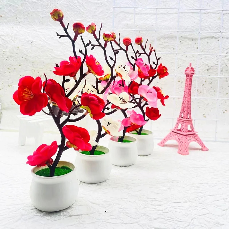 Bright artificial bonsai plant with red flowers, perfect for a gift
