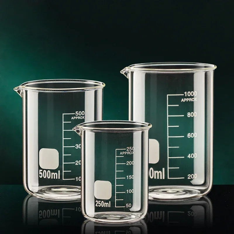 Laboratory measuring cup against the background of chemical reagents