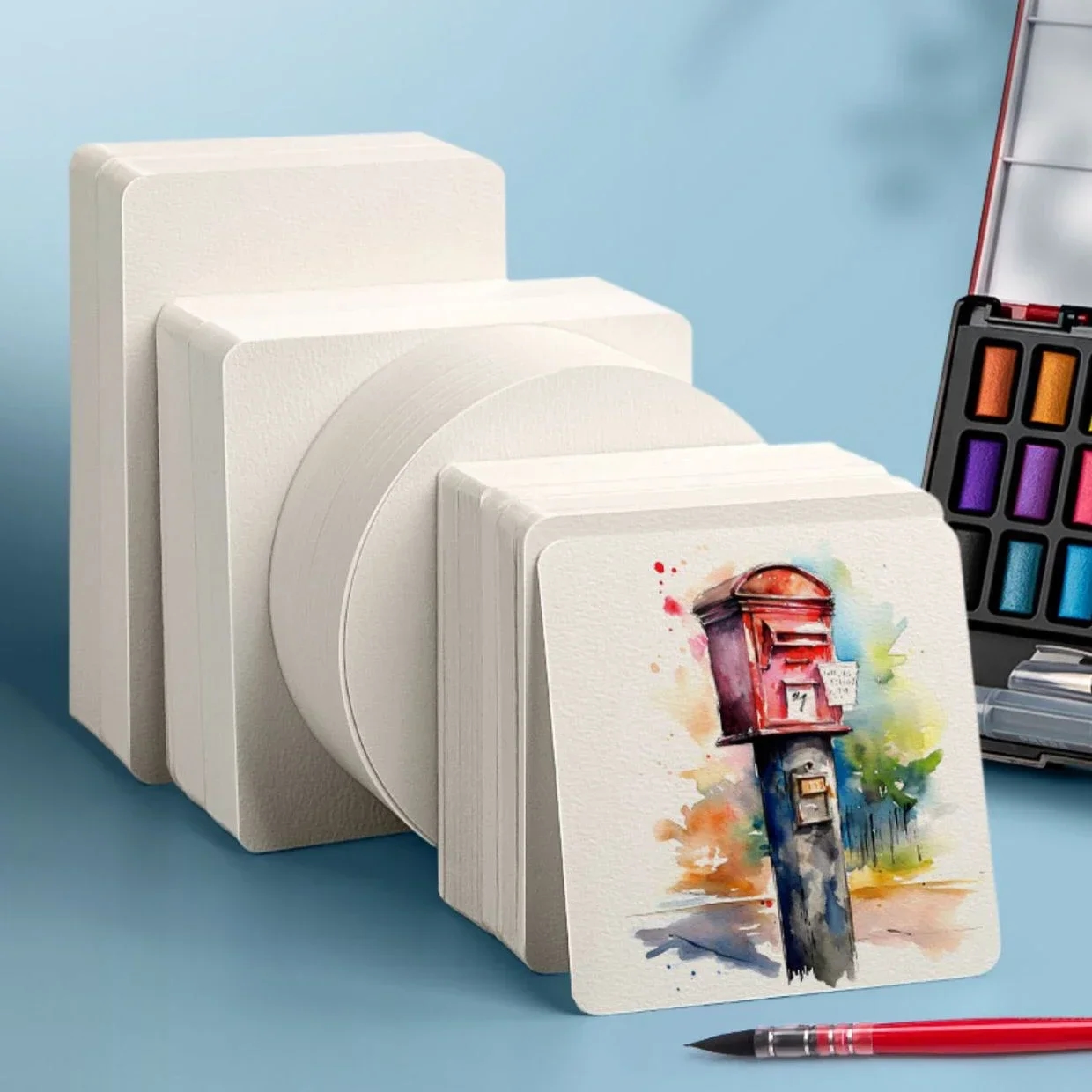 Close-up of a stack of 25 rectangular watercolor paper sheets