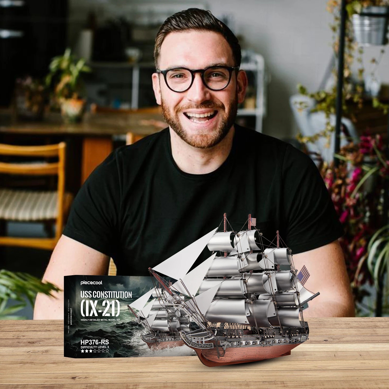 Detailed view of the finished metal model of a sailing frigate