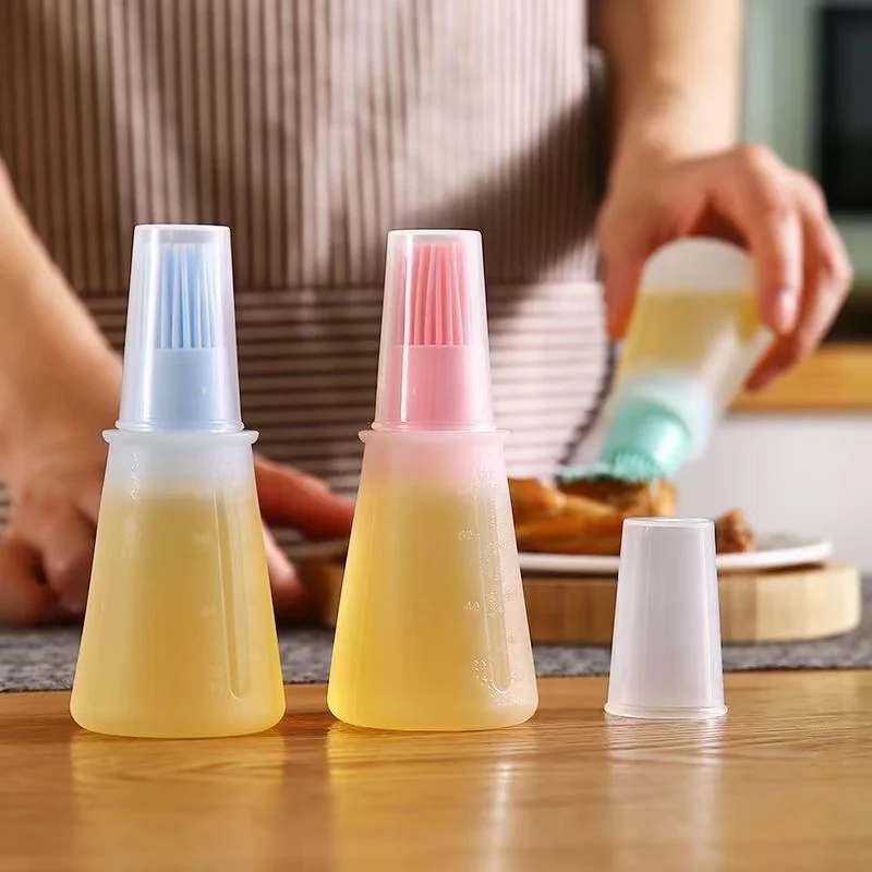 Cepillo de silicona azul para aceite con tapa, cómodo para almacenar