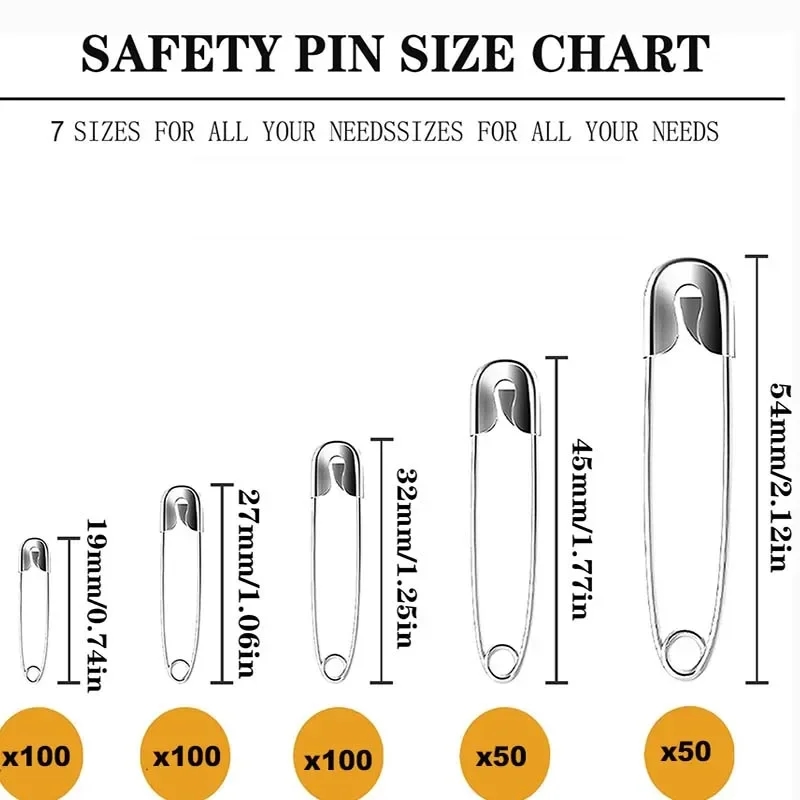 Safety pins of different lengths from 19 to 55 mm for various needs