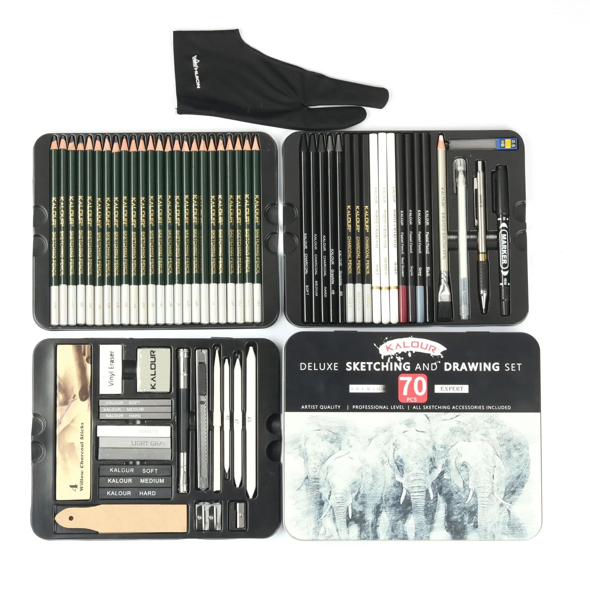 Professional set for artistic creativity with pencils, charcoal, and other tools