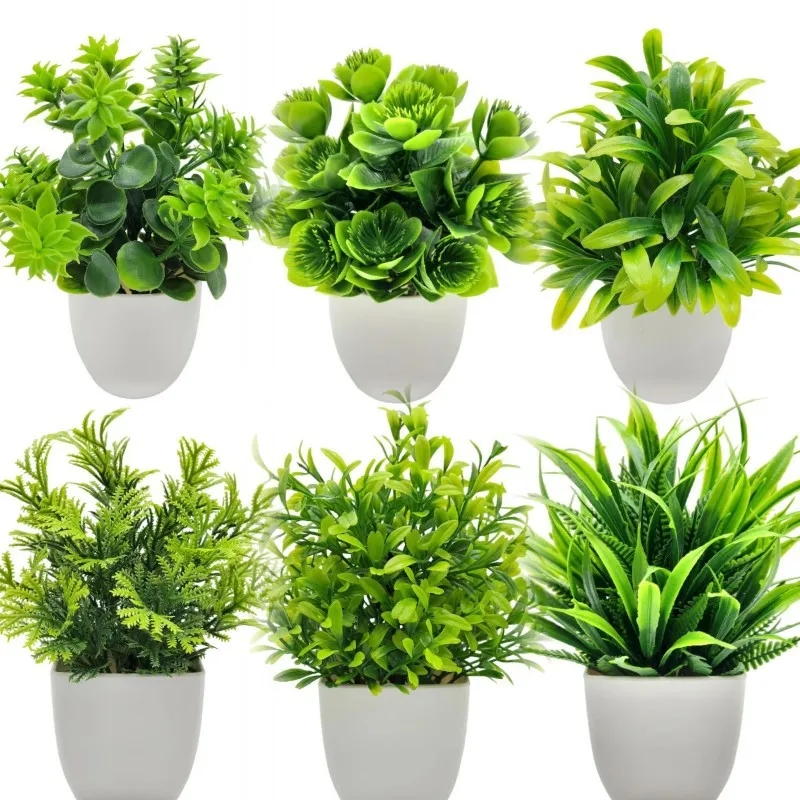 Planta artificial em miniatura em vaso de plástico para decoração doméstica