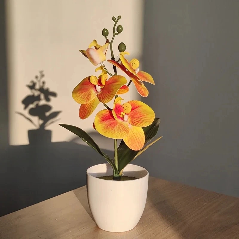 Bonsai orchid with realistic flowers and leaves on a dark background