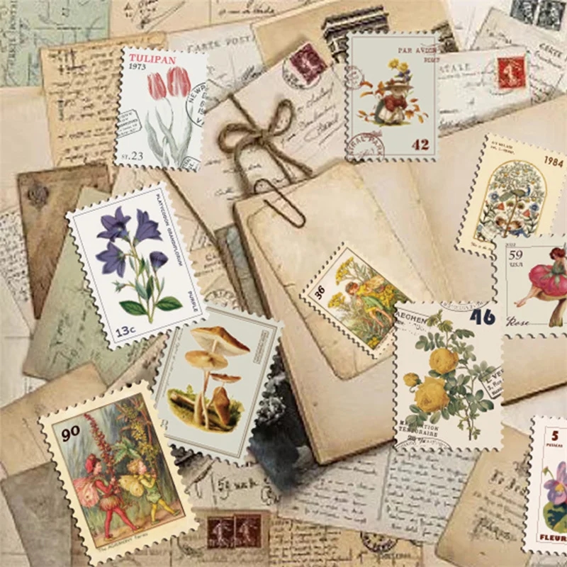 Diverse vintage stickers with floral, animal, and urban motifs
