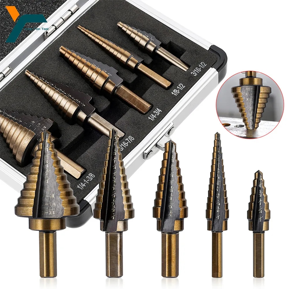 Set of 5 XMSJ stepped drills in a compact plastic case
