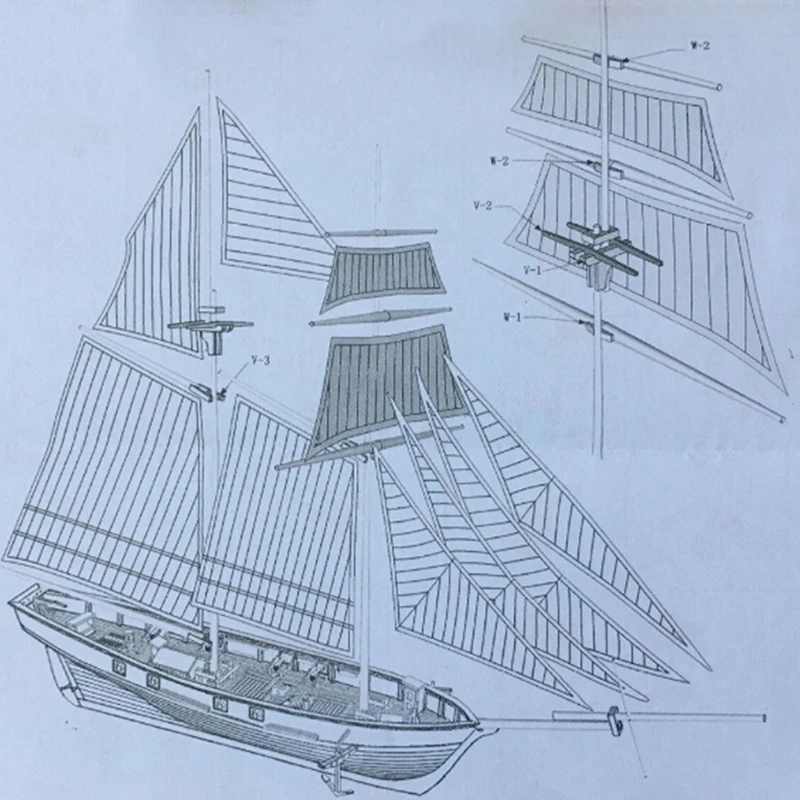 Satz von Holzteilen und Materialien zum Erstellen eines Modells eines Segelschiffs