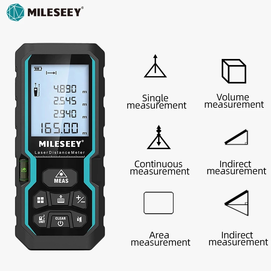 Männliche Hand hält kompakten Laserdistanzmesser MILESEEY zur Entfernungsmessung