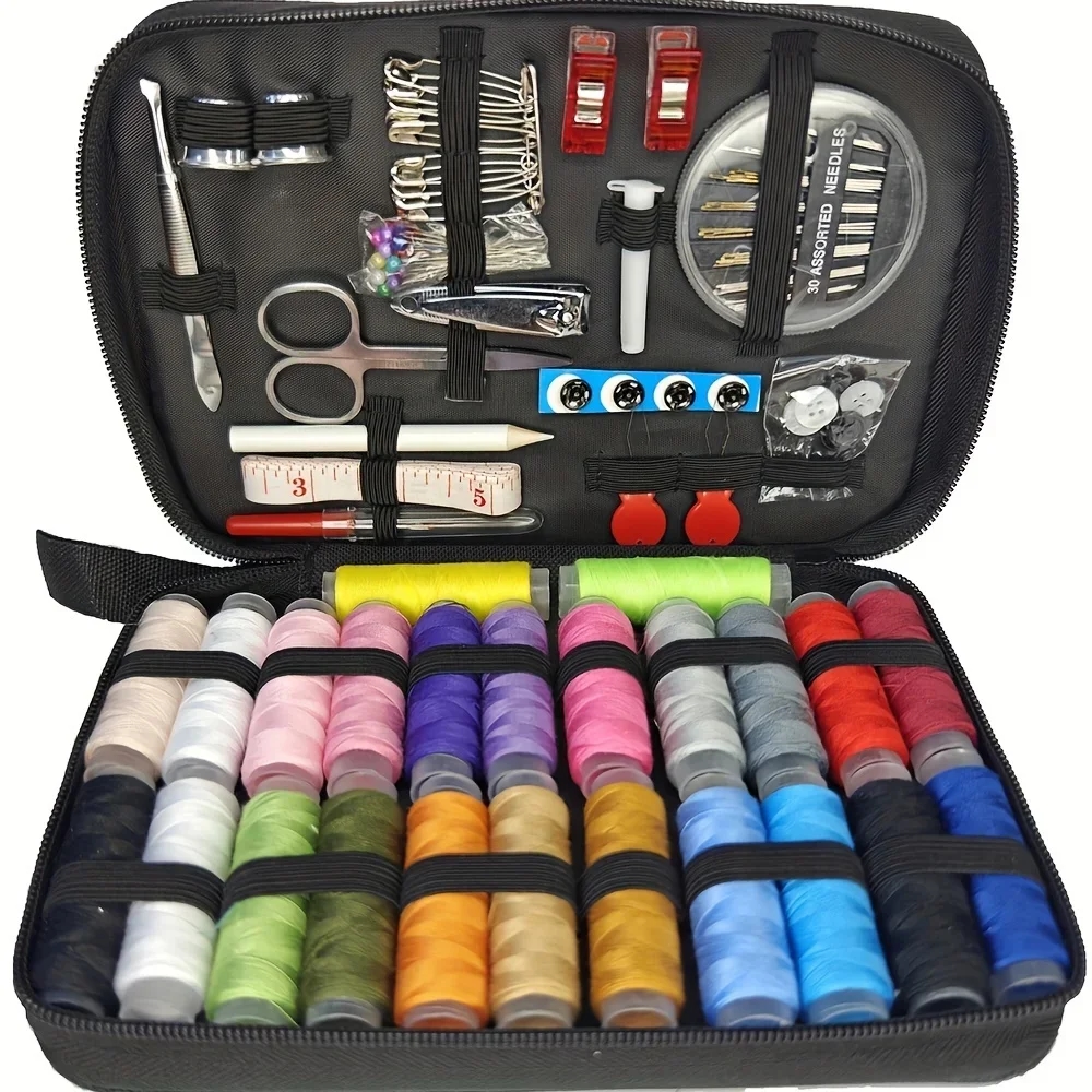 Set compacto de costura con 24 hilos de colores y agujas, fácilmente transportable en bolsillo para viajes y almacenamiento