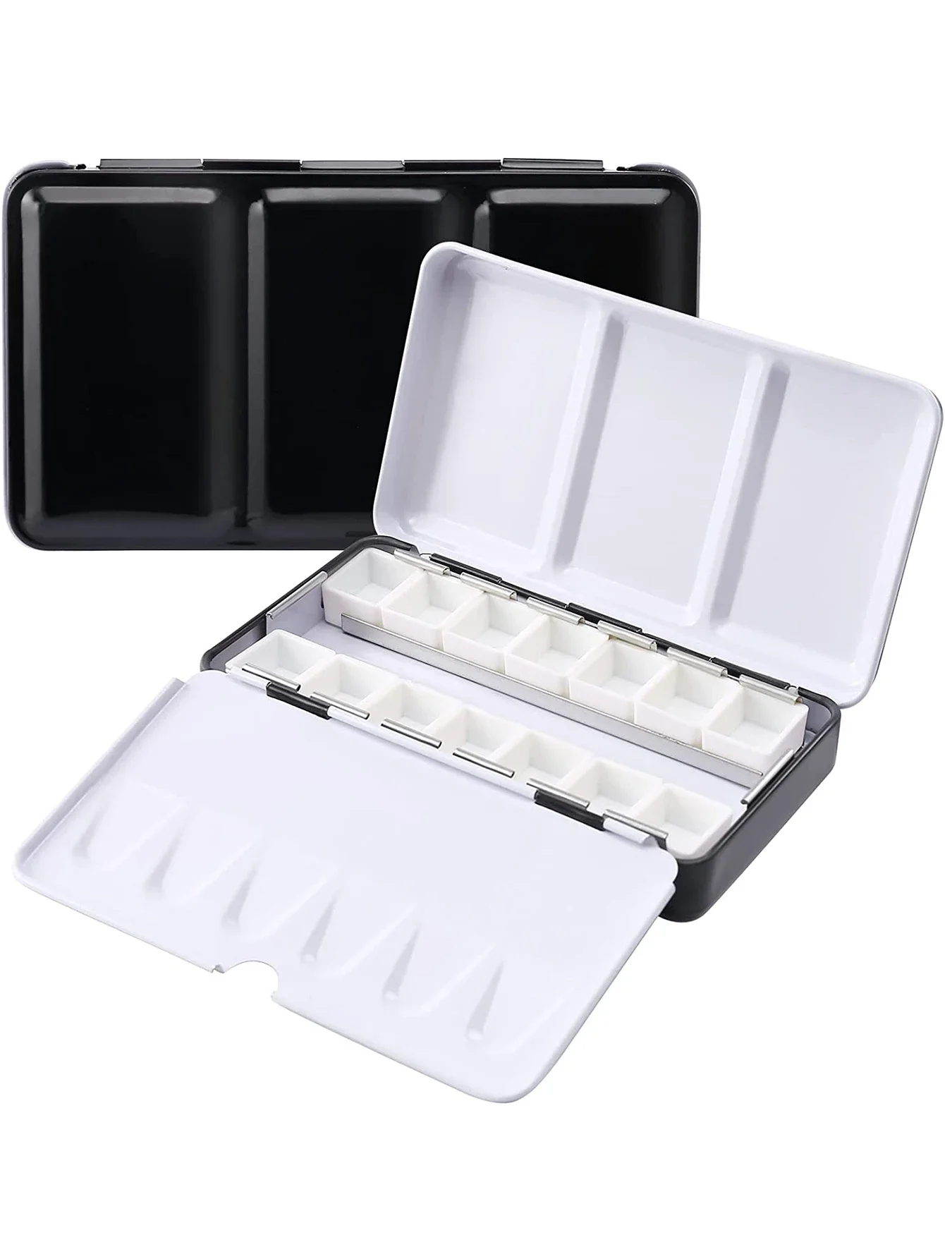 Compact empty metal watercolor palette with 14 half-pans