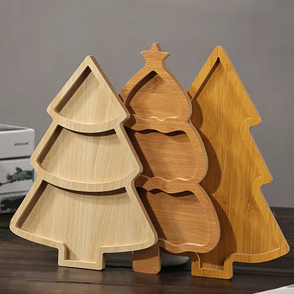 Wooden Christmas tray in the shape of a round Christmas tree for setting a festive table