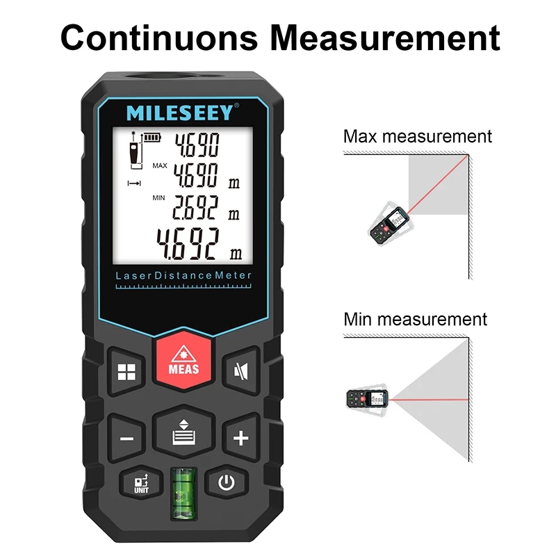 MiLESEEY X5 Laser Rangefinder interface with area and volume measurement options