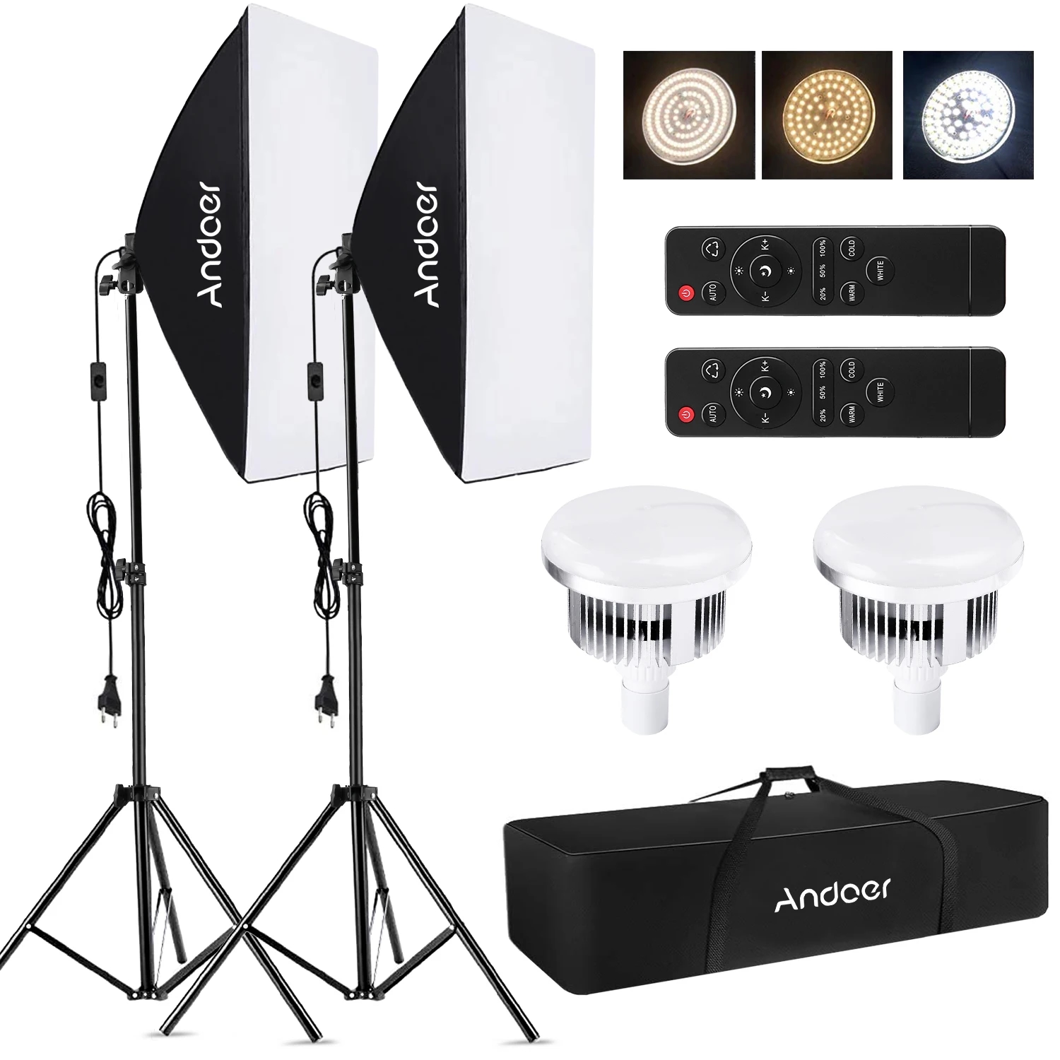 Two Andoer LED Light Kits with Softboxes for Creating Studio Lighting