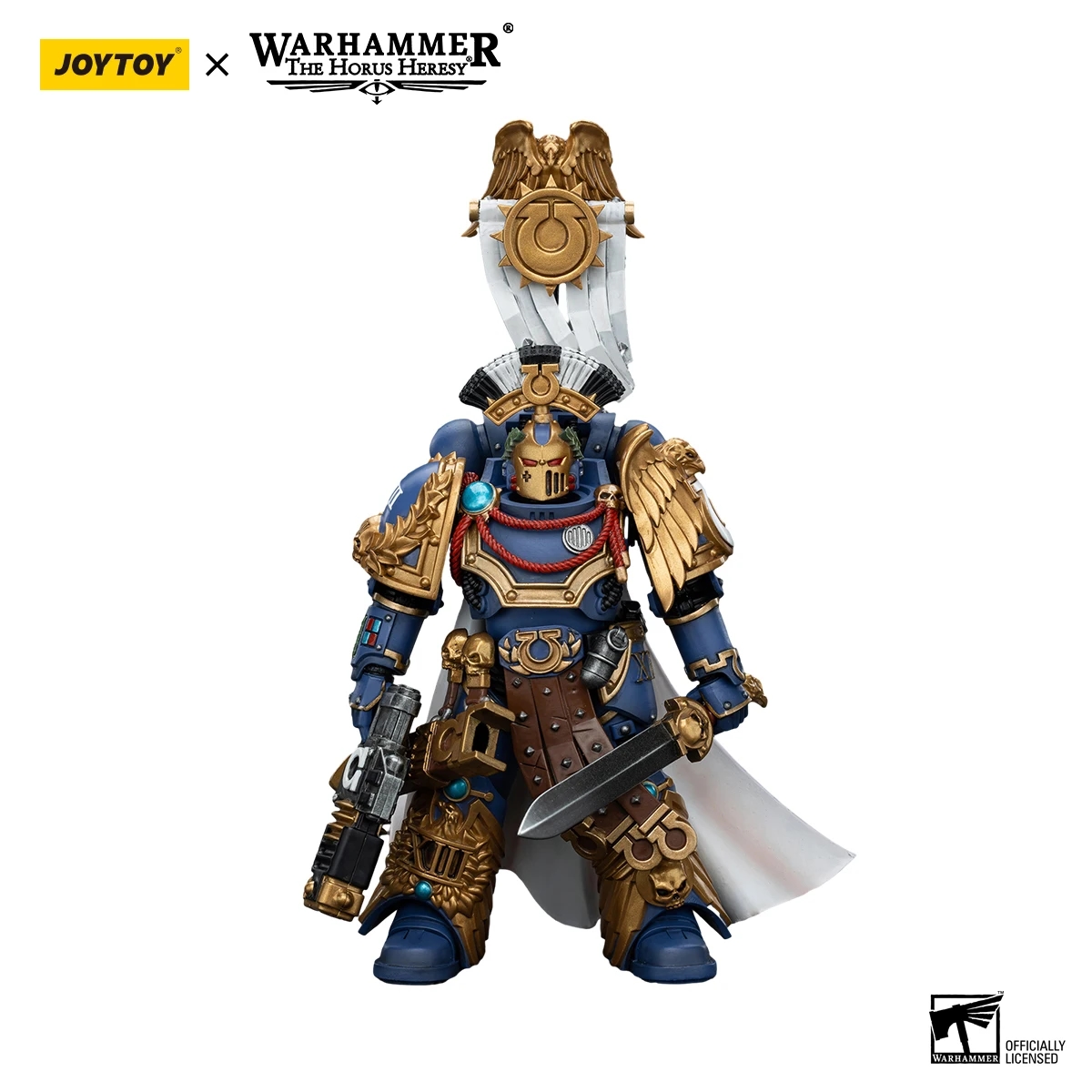 Capitão Ultramarines liderando com confiança seu esquadrão em batalha