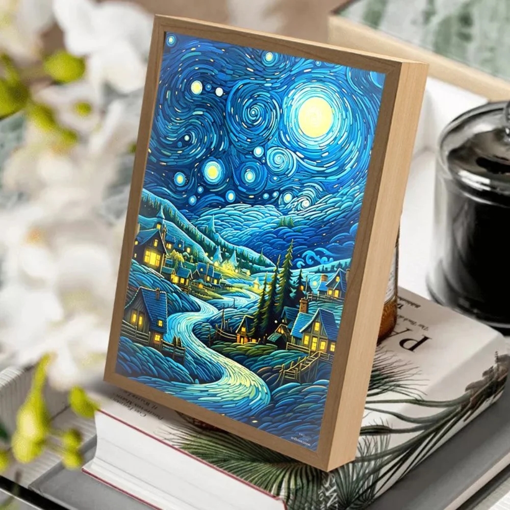 Close-up of a Van Gogh lamp with a control panel and color options