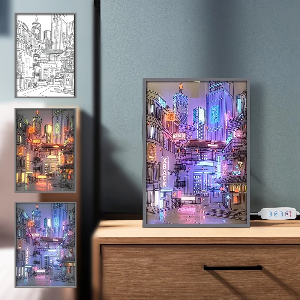 LED lamp with an image of a night city landscape