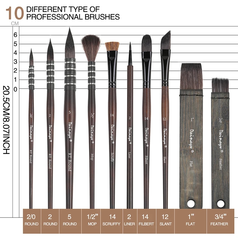 Variety of shapes and sizes of brushes in the watercolor painting set