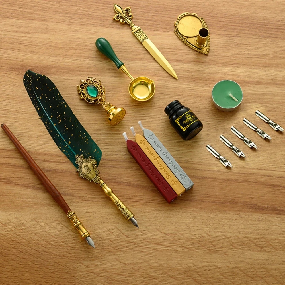 Metal feather pen with nibs of various colors, great for artistic writing